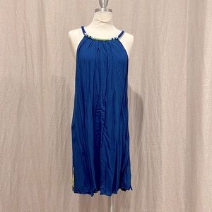 Cobalt blue resort dress with hand beaded neckline and lime green accents